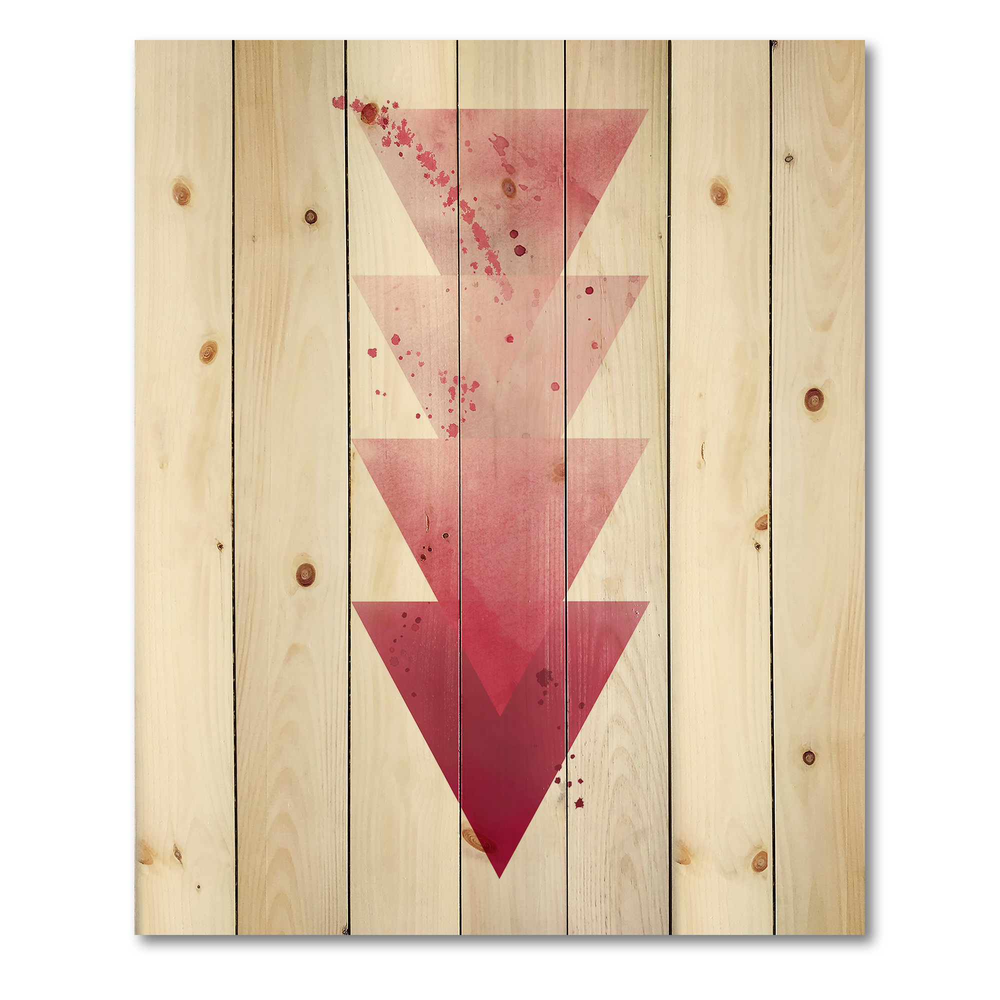 Designart 'Abstract Geometric Art Red Triangles Composition' Modern Print on Natural Pine Wood
