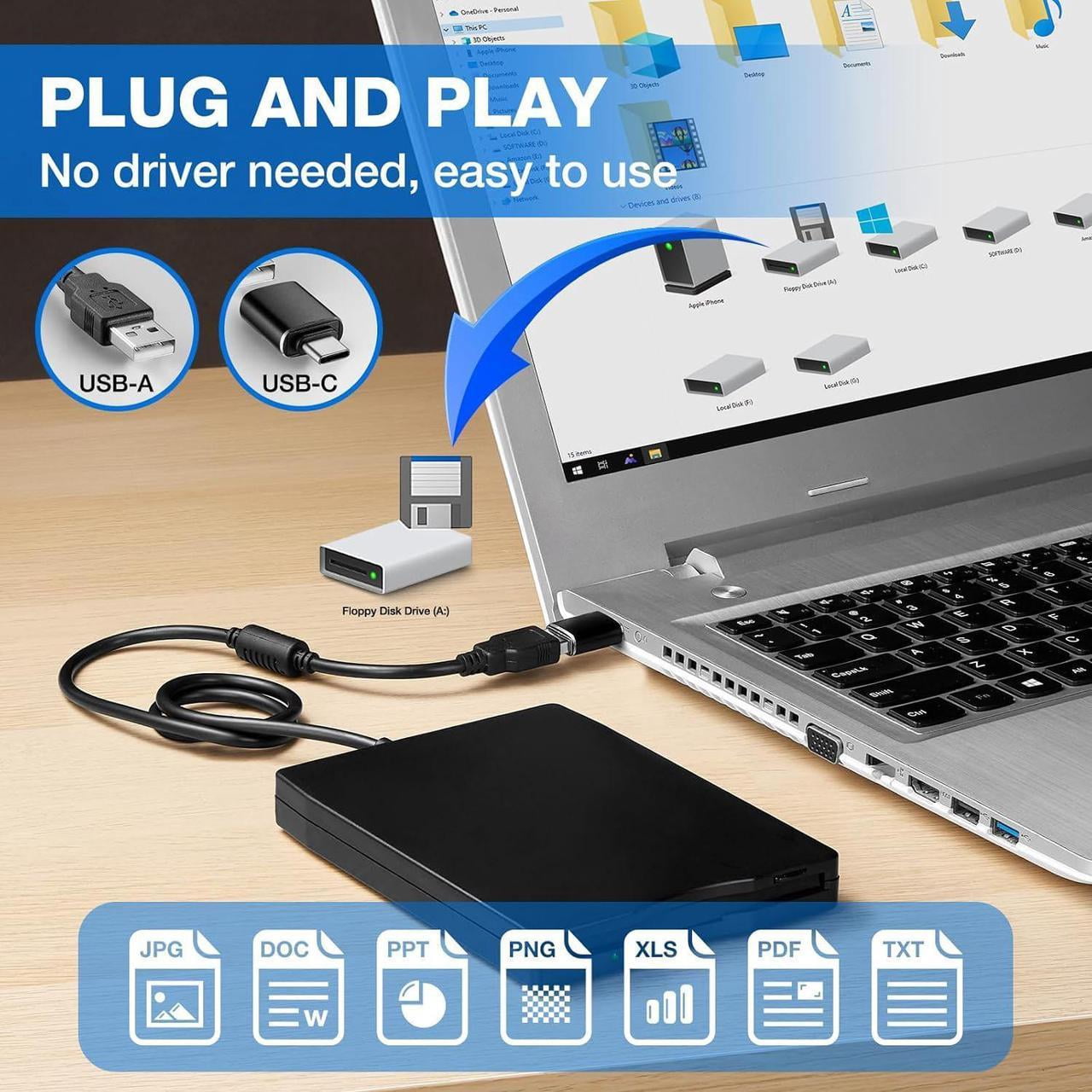 Floppy Disk Reader, 3.5 inch External USB Type C Floppy Disk Drive for PC, Laptop and Desktop Compatible with Windows 11/10/8/7/2000/XP, Black, Frosted Texture