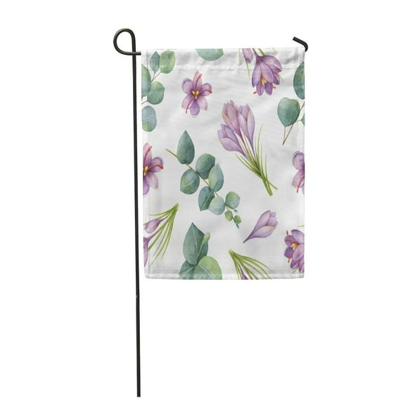 KDAGR Green Watercolor Silver Dollar Eucalyptus Leaves and Flowers of Saffron Garden Flag Decorative Flag House Banner 28x40 inch