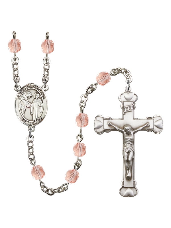 Bonyak Jewelry 18 Inch Rhodium Plated Necklace w/ 4mm Rose Pink October Birth Month Stone Beads and Saint Columbanus Charm