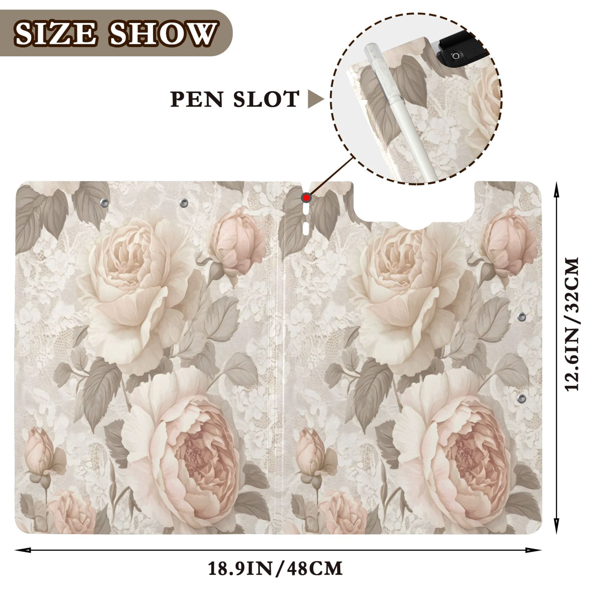 FORMRS A4 Clipboard Folder with Pen Holder Horizontal Foldable School Office Binder, Lace and Floral