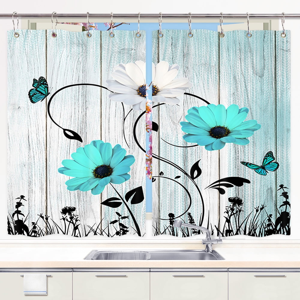 Rustic Teal Daisy Kitchen Curtains, Rural Nature Scenery Window