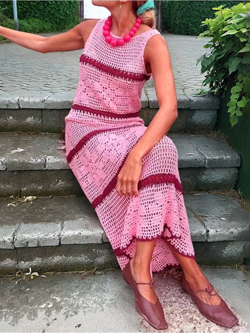 knit beach dress Blue catching texture and dimension Flared sleeves add a retro Women's Crochet Sleeveless Crew Neck