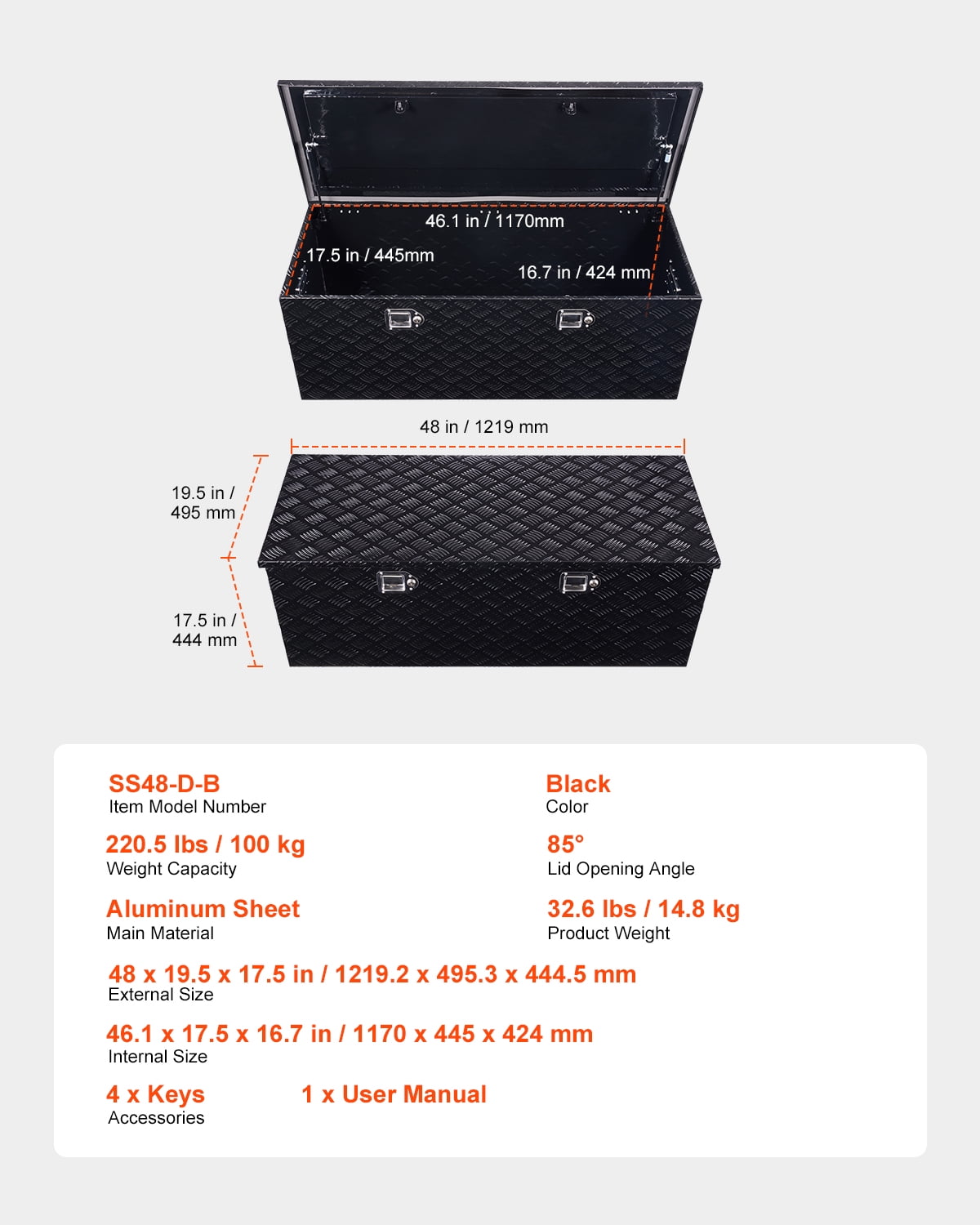 VEVOR Heavy Duty Aluminum Truck Bed Tool Box, Stripes Plated Tool Box with Side Handle and Locks Keys, Storage Toolbox Chest Organizer for Trailer, Pickup, Truck Bed, RV, 48"x19.5"x17.5", Black