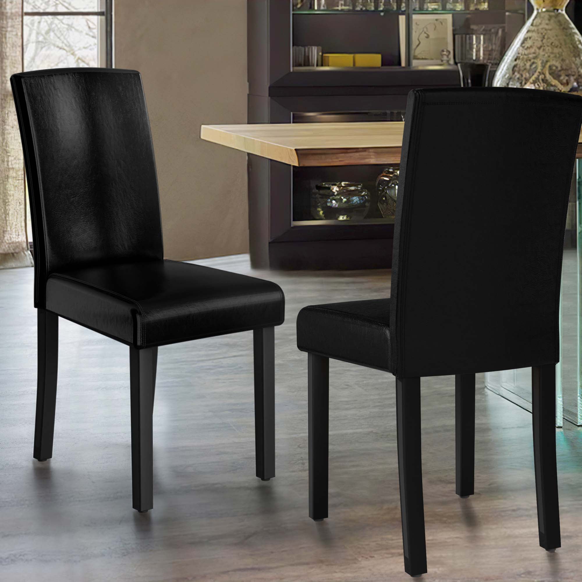 Set of 2 PU Dining Chairs Small Dining Chair with Wood Legs for Office Home,Black