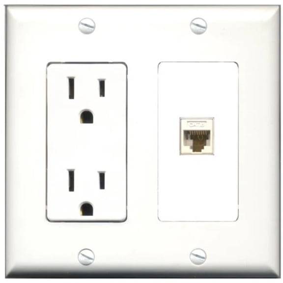 RiteAV - 15 Amp Power Outlet and 1 Port Cat6 Ethernet White Decorative Type Wall Plate White