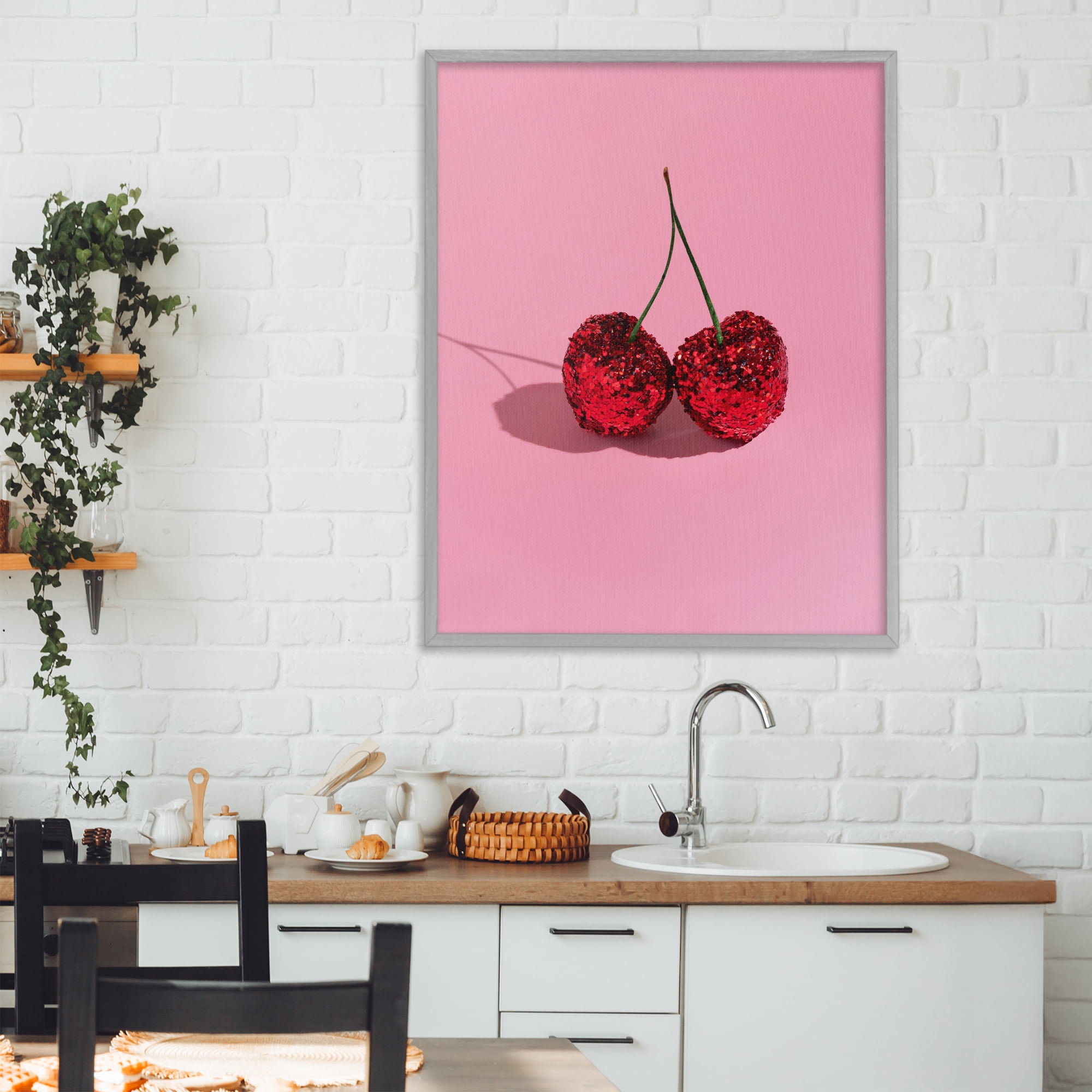 Stupell Industries Glitter Encrusted Cherries Gray Framed Giclee Art, design by LISH Creative