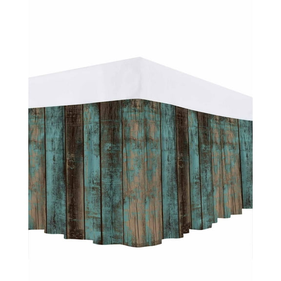 Teal Wood Grain Bed Skirt Queen Size 16" Drop Farmhouse Board Retro Vintage Strip Ruffled Wrap Around Bed Skirts Adjustable Elastic Bedskirt Dust Ruffle for Queen Size Bed
