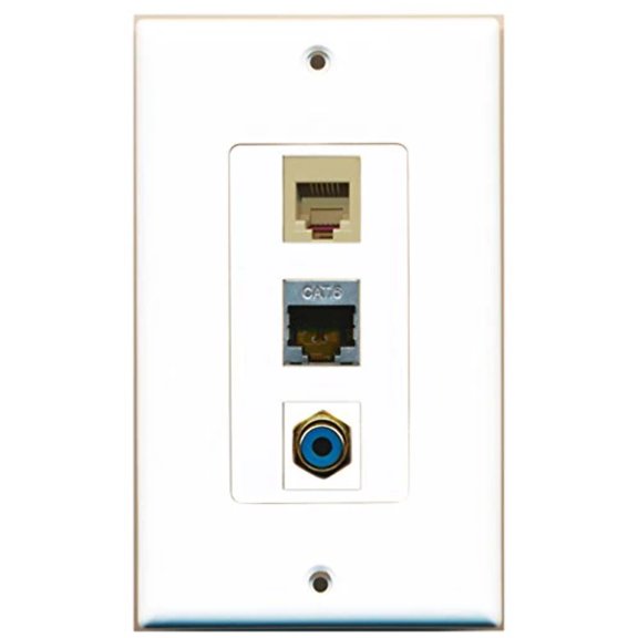 RiteAV - 1 Port RCA Blue and 1 Port Phone RJ11 RJ12 Beige and 1 Port Shielded Cat6 Ethernet Decorative Wall Plate Decorative