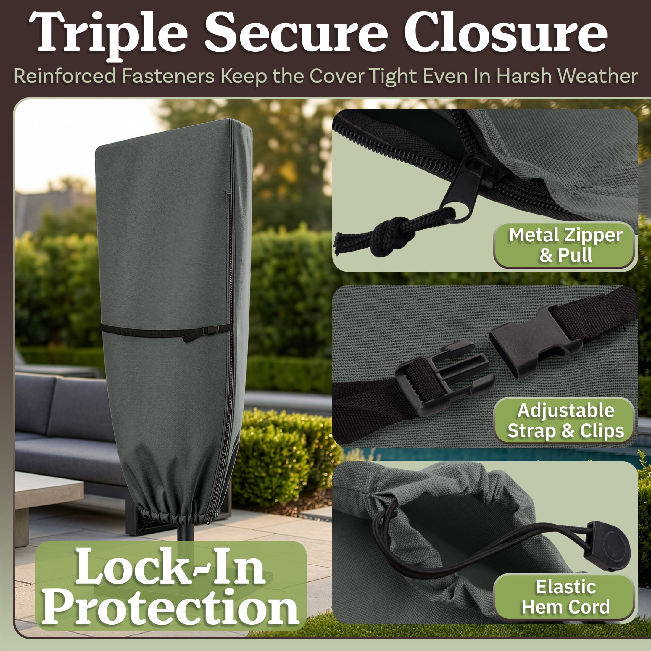 Pure Garden Waterproof Large Umbrella Cover for 15ft Double Sided Outdoor Umbrella, Gray