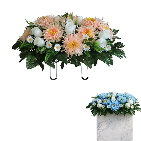 Headstone Flower Saddle,Artificial Cemetery Flowers for Grave,18.5"25.2" Memorial Day Decorations Silk Chrysanthemum Cemetery Flowers for Outdoor Gravesite Decoration