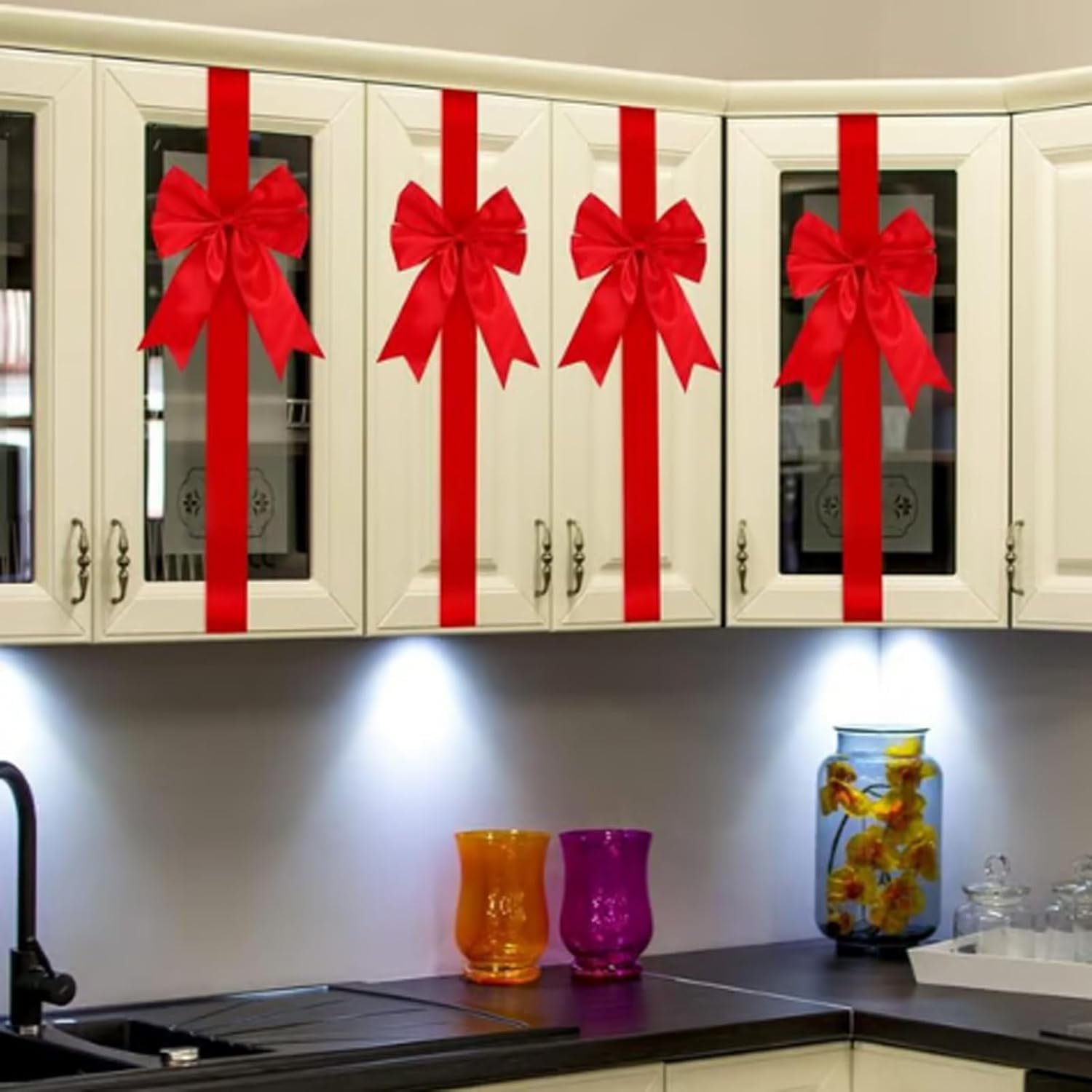 Red Christmas Cabinet Ribbons Bows, Large Red Bow Christmas Door Kitchen Cabinet Ribbon Bows Locker for Xmas Holidays Party Decorations Supplies (Red, 2pc)