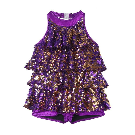 Girls Ballet Jazz Latin Dance Costume Halter Sequins Unitard Dress Stage Performance Clothing Dancewear