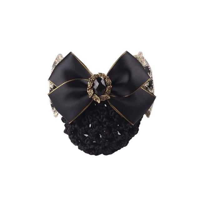 1 Uds. De cinta de encaje con lazo, redecilla de diamantes de imitación, Clip elástico para el pelo, pasador, funda para moño, color negro