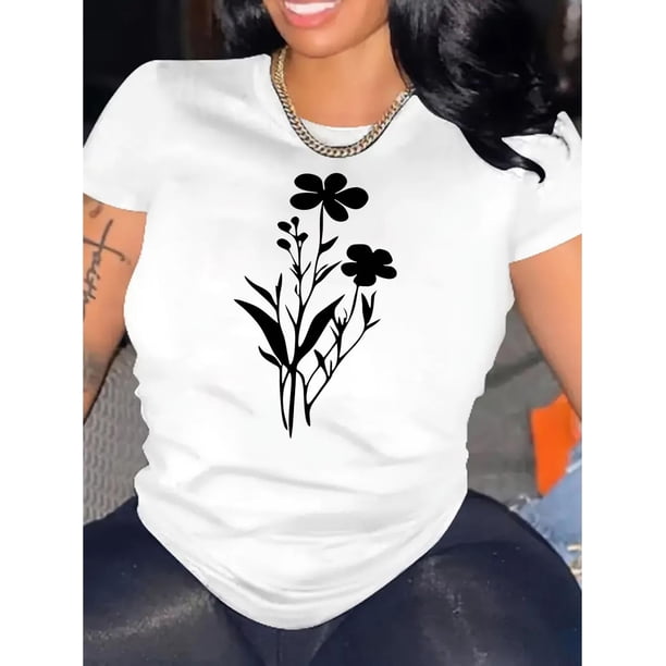 Women's Floral Print Casual Crew Neck Short Sleeve T-Shirt - Soft & Comfortable Summer Top, White with Black Flower Design, Lightweight Polyester Fabric, Perfect for Casual Attire, Vacation Tshirt |