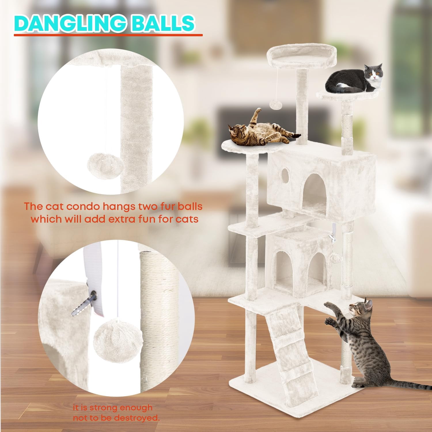 Large Multi-Level Cat Tree, 70 Inches Tall with Sisal-Covered Scratching Posts, Condo, Dangling Ball, and Extended Platform for Cats to Play and Sleep, Ashy