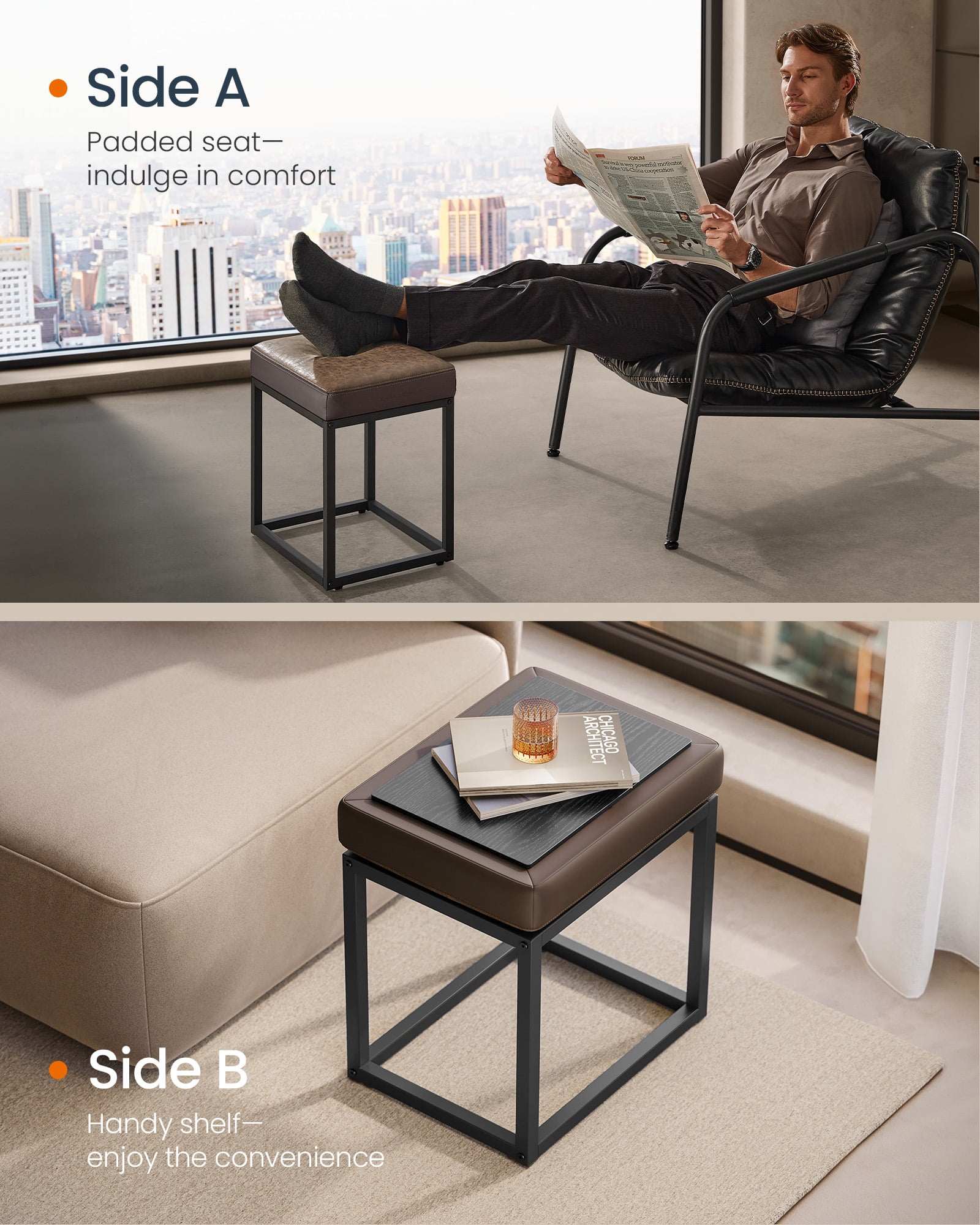 SONGMICS HOME LUIZ Collection - Ottoman Footstool Rectangle Ottoman Vanity Chair Stool Footrest Reversible Top Side Table Walnut Brown