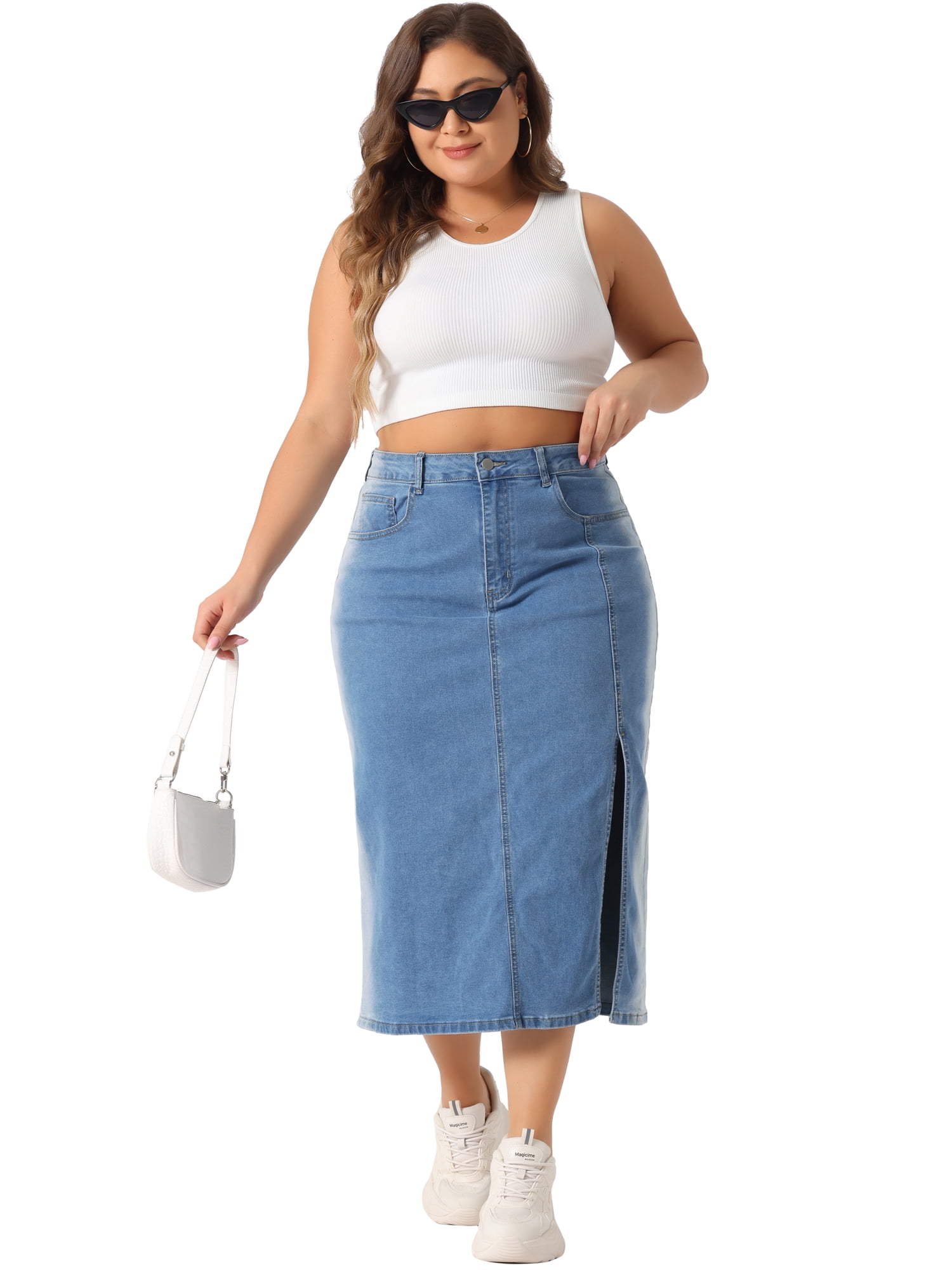 DARING DIVA Women's Plus Side Slit Button with Pocket Jean Denim Skirts 2X Light Blue