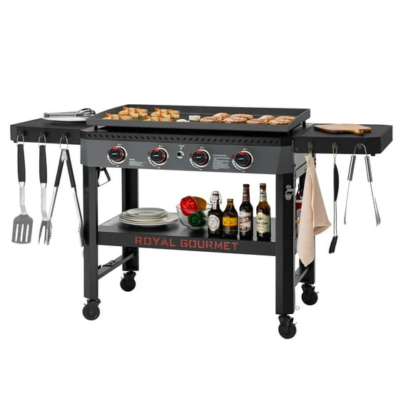 Royal Gourmet GB4005 34-Inch 4-Burner Gas Griddle,Griddle with Collapsible Side Shelves and Storage Basket,Perfect for Outdoor Cooking like Camping or Tailgating, Black