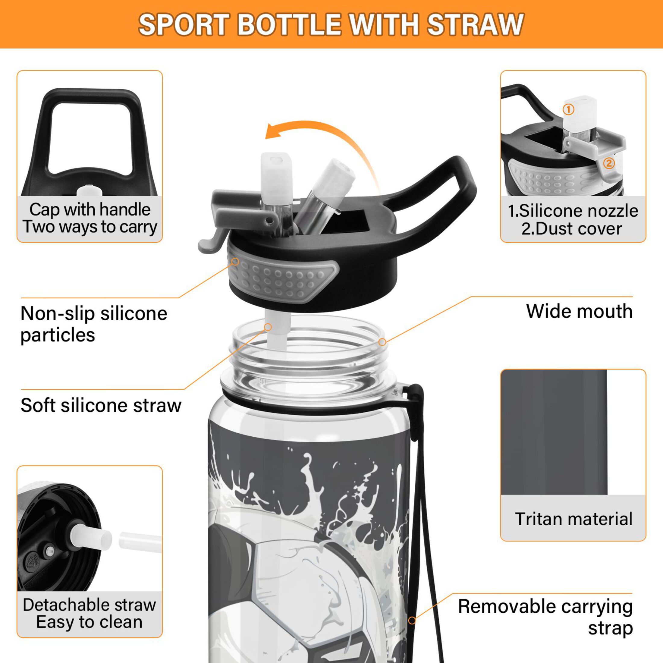 32 Oz Sports Water Bottle with Straws Soccer Ball Tritan Clear Bottles BPA Free Leakproof Cup for Outdoor School Gym Fitness