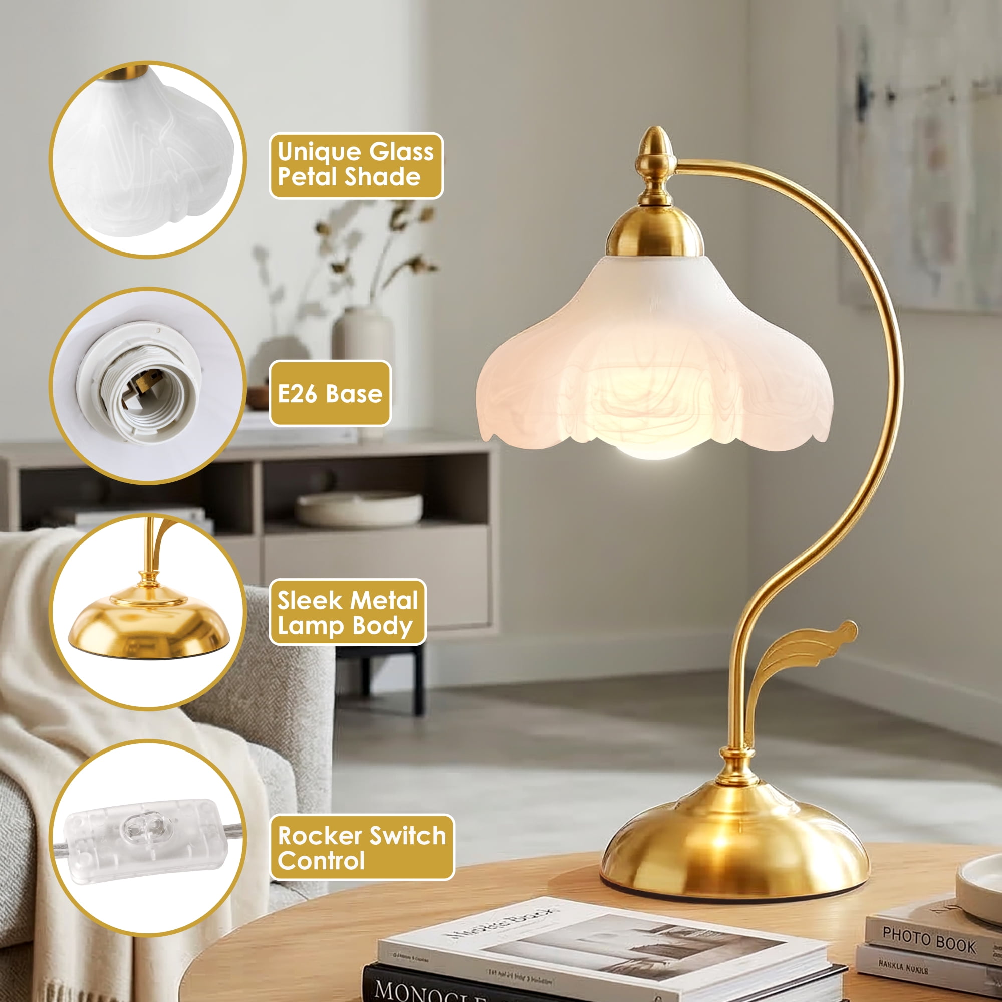 17.32" Gold Metal Table Lamps with Glass Petal Shade Vintage Flower Night Lamps Desk Lamps for Home Deco