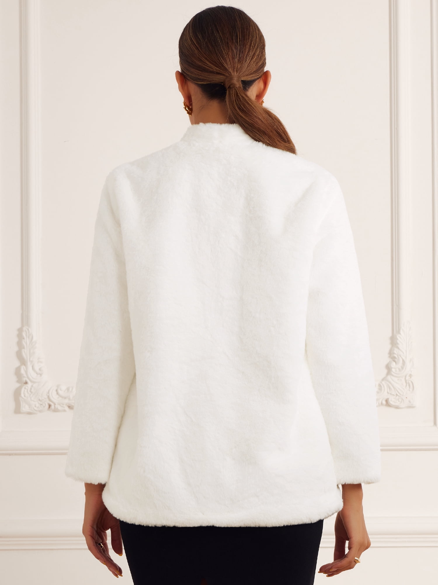 DARING DIVA Women's Long Sleeve Open Front Fluffy Outerwear Coats M White