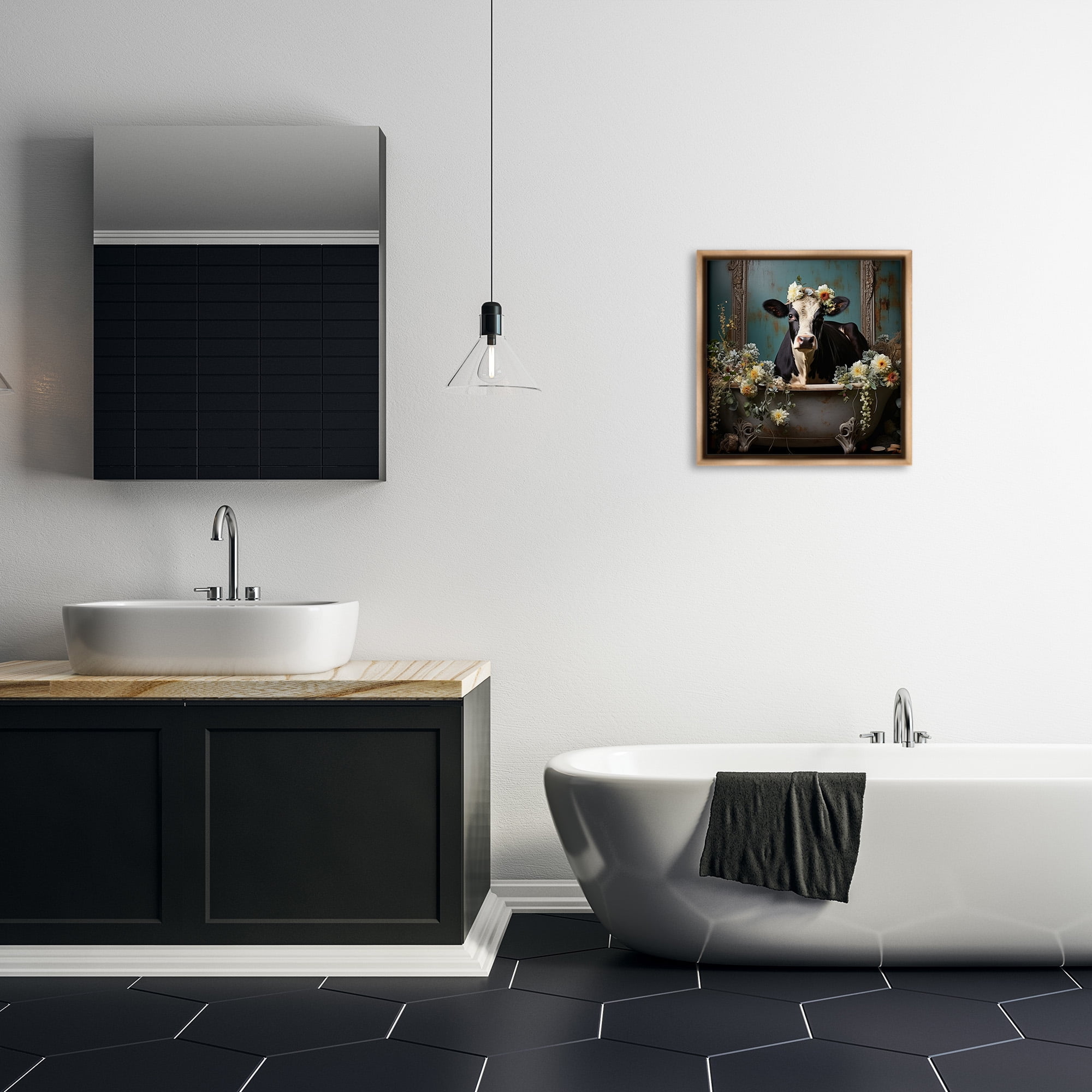 Stupell Industries Vintage Cow in Bathtub Animals & Insects Painting Brown Floater Framed Canvas Art Print Wall Art, 18 x 18