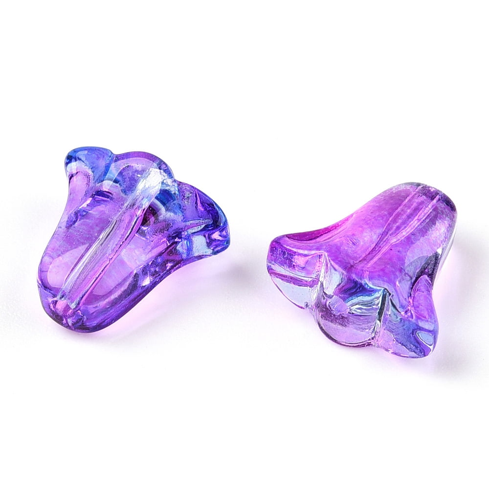 Spray Painted Transparent Glass Beads Tulip Flower Blue Violet 10x11x5.5mm Hole: 1mm