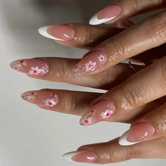 24 Pcs Mediums Almond False Nails Flowers Artificial Nails French Tip On Nails Glossy Press On Nails for Woman
