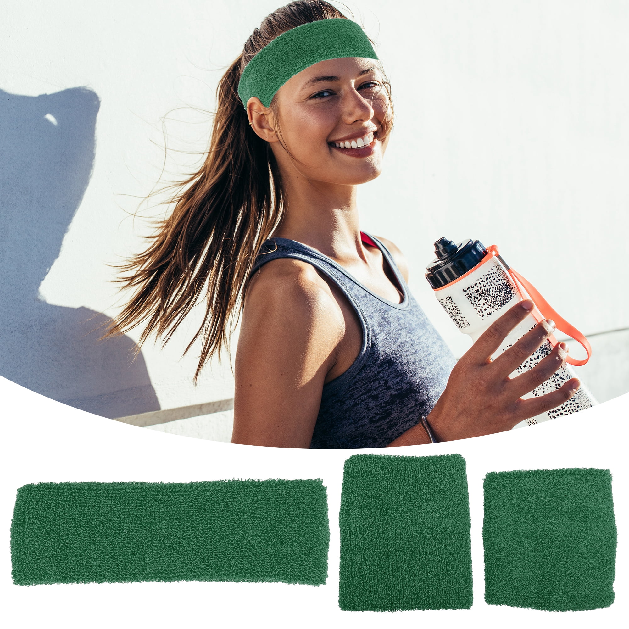 Unique Bargains 3 Pcs Sport Headband Wristband Sweatband Cotton Blend Grass Green