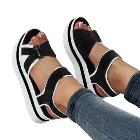 

ZIZOCWA Woman Platform Wedges Shoes Ladies Summer Sandals Buckle Non-Slip Beach Sandals Hoop Look Open Toe Non-Slip Sandalias Summer Black Size8.5