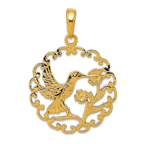 20mm 10k Solid Yellow Gold Hummingbird In Round Frame Pendant Necklace Pendant for Women - 1.1 Grams