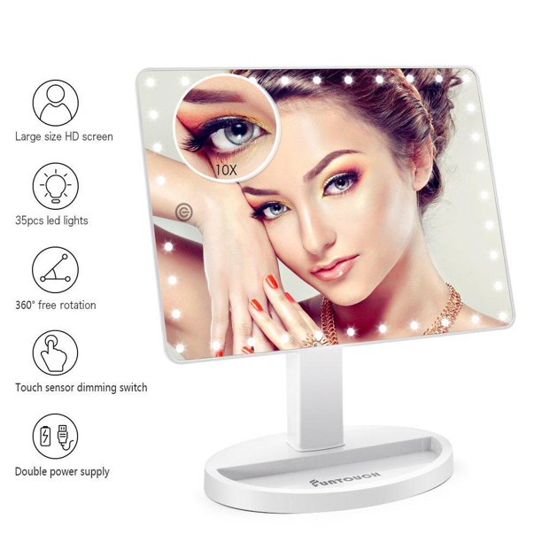 Large Lighted Vanity Makeup Mirror X Model Funtouch Light Up With 35 Led Lights Touch Screen And 10x Magnification 360 Rotation Tabletop Cosmetic White Com Large Lighted Vanity Makeup Mirror X, Tabletop Lighted Makeup Mirror