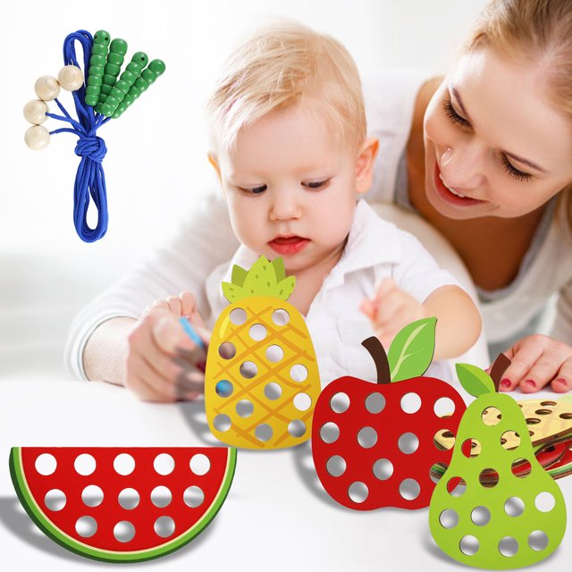 Gotydi Juguete de Cordones for para Niños Pequeños, Juego de Juguetes de Hilo de Madera para Preescolar, Juguete de Cordones de Frutas con Palos de Hilo, Juguete de Actividad Montessori for de 3 Años para Niños y Niñas