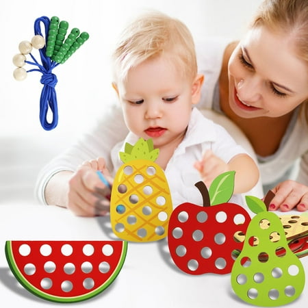 

Lacing Toy for Toddlers Preschool Wooden Threading Toy Set Fruit Lacing Toy with Threading Sticks Watermelon Pear Pineapple Montessori Activity Toy for 3 Years Old Boys Girls
