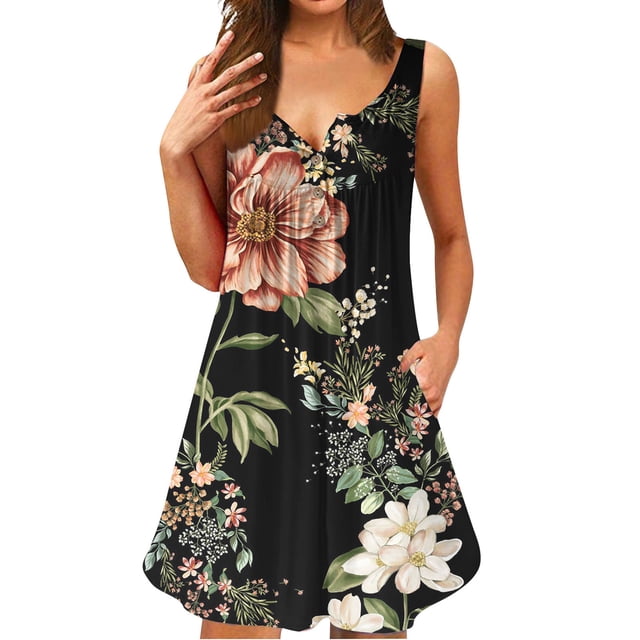 Mefallenssiah Robes d'Été pour Femmes 2023 Col Rond Imprimé Sans Manches Robes Tuniques Grande Taille Robes T-Shirt