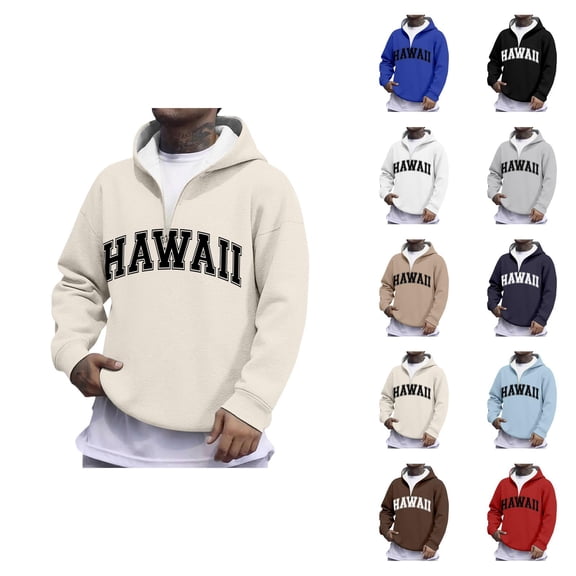 Hawaii Quarter Zip Pullover Men Long Sleeve Graphic Hooded Sweatshirt Mens Hoodie Fashion Streetwear