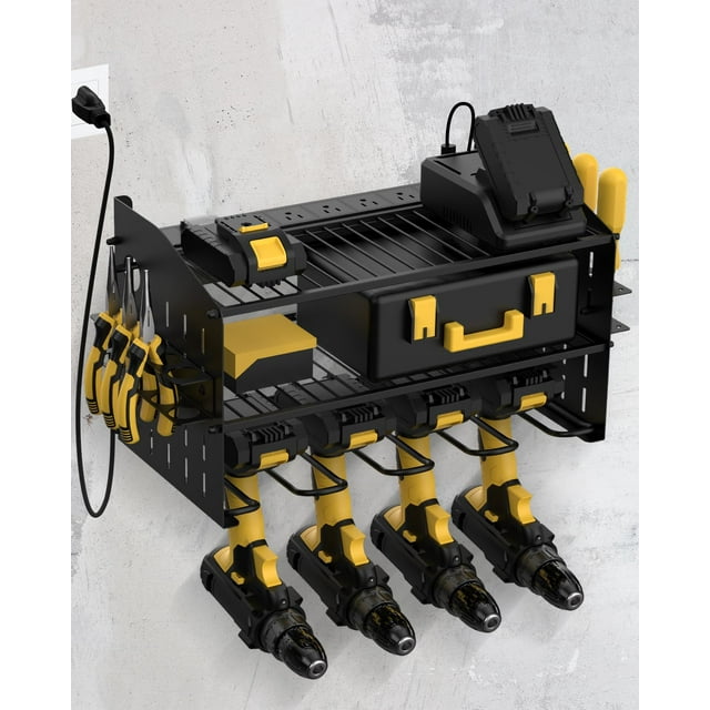 Wellmall Power Tool Charging Station - 3 Layer Wall Mount Power Tool Organizer With Charging Station For Power Drill 6Ac Outlets Great As Heavy Duty Tool Rack & Tool Holder For Garage Organization