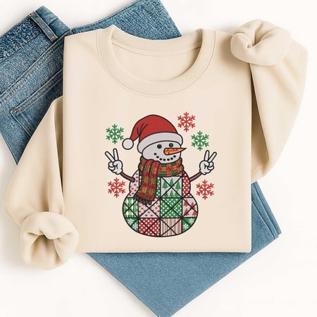 Snowman Christmas Embroidery Design, Patchwork Snowman with Scarf and Santa Hat Peace Sign, Holiday Machine Embroidery Pattern