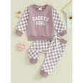 thumbnail image 2 of Suealasg Toddler Baby Girl Fall Tracksuit Outfits Clothes 6M 1T 2T 3T Kids Girl Long Sleeve Letter Sweatshirt + Checkerboard Pants Set 2PCS Casual Autumn Clothing for Children Girl, 2 of 9