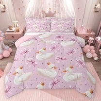 Feelyou Dreamy White Swan Bedding Comforter Set for Kids, Kawaii Princess Bowknot Twin Comforter Sets, Cartoon Animal Reversible Bedding Set, Super Cozy Room Decor, 2 Pieces