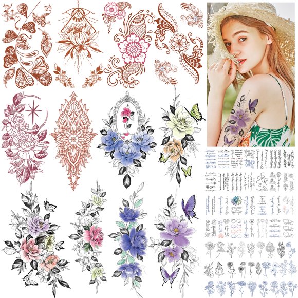 Tatuajes temporales de medio brazo para mujeres y niñas, pegatinas florales impermeables, arte corporal y de manos de larga duración para adultos, kits de tatuajes de plumas de rosas y mariposas para