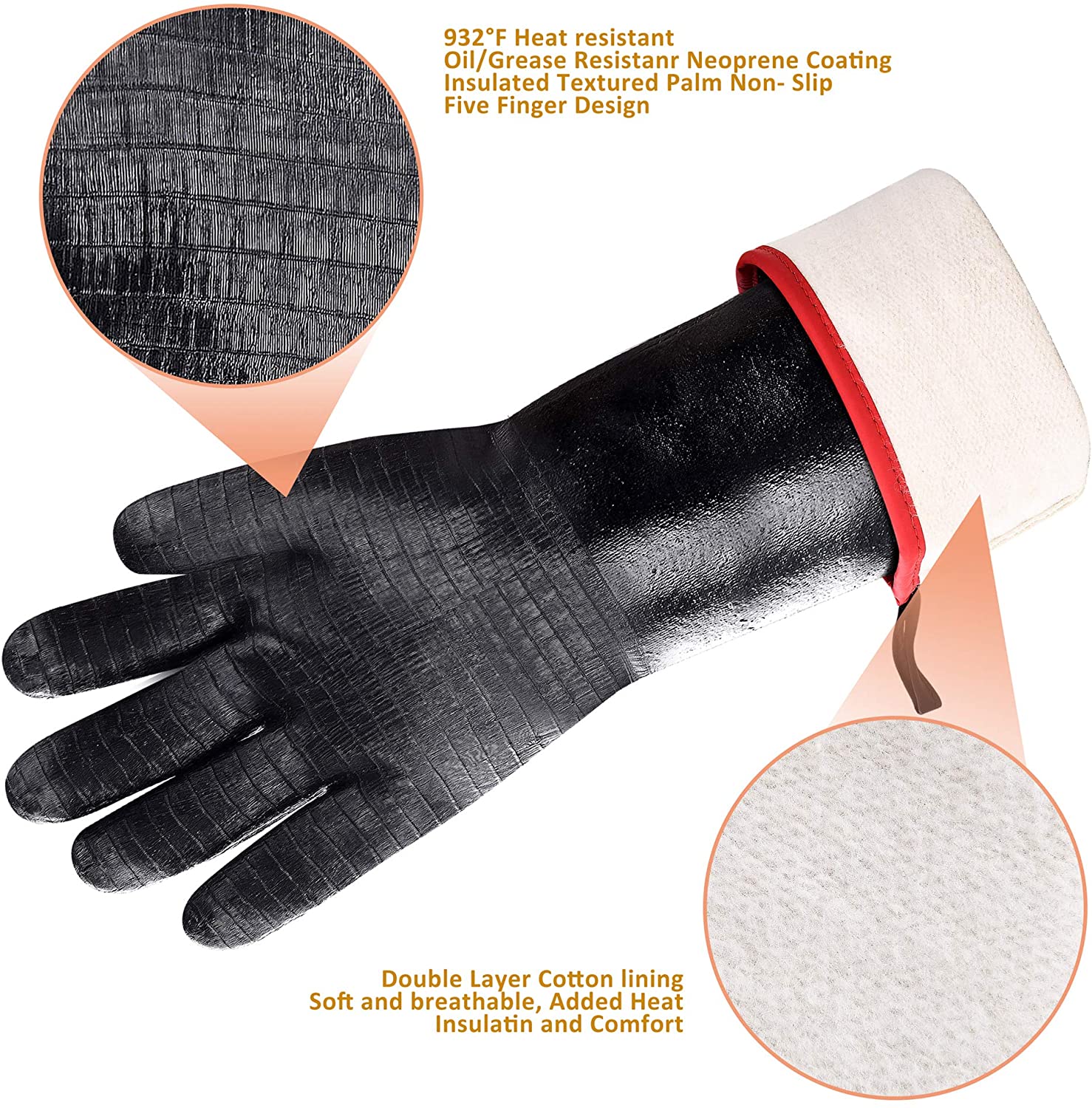 Heat Resistant-Smoker BBQ Gloves 18 Inches,932℉, Grill, Cooking Barbecue Gloves, to Handling Heat Food Right on Your Fryer,Grill,Oven. Waterproof, Fireproof, Oil Resistant Neoprene Coating - image 3 of 7