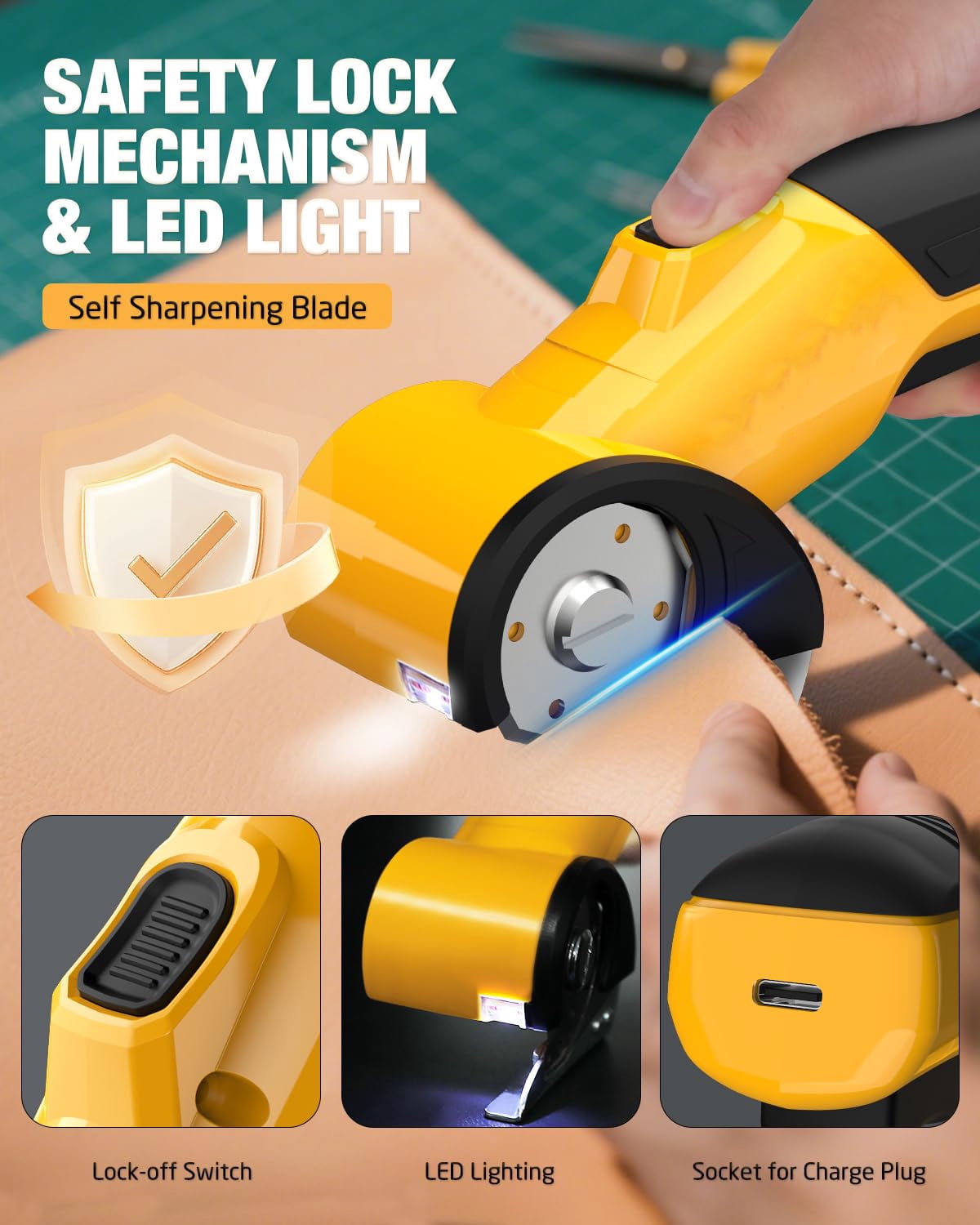 Cordless Electric Scissors, Lightweight, Rechargeable Rotary Cutter with Safety Lock, LED Light, Replacement Blade,Heavy Duty Scissor for Box Carpet Plastic Fabric(Yellow）