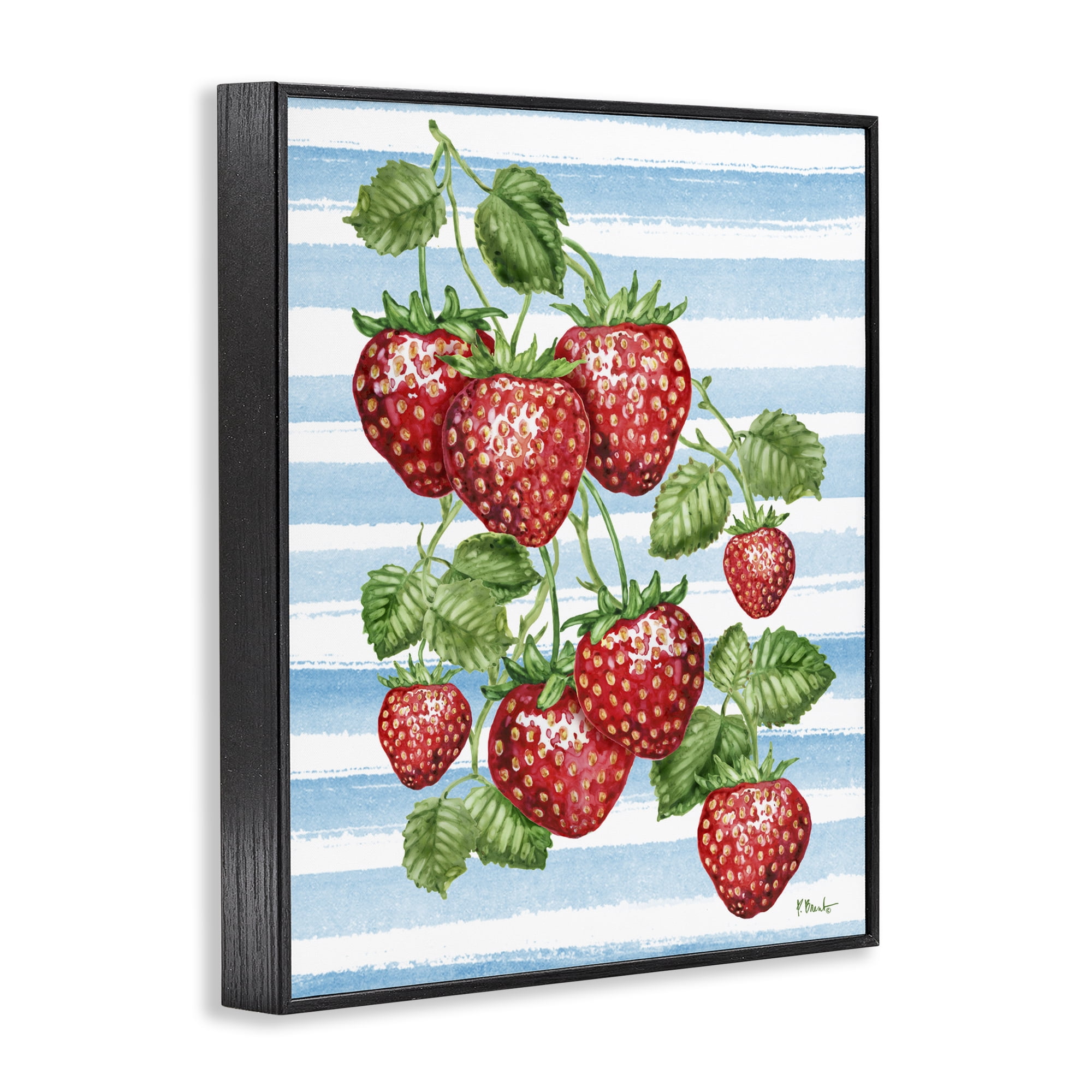 Stupell Industries Juicy Strawberry Vine on Stripes Black Framed Giclee Art, design by Paul Brent