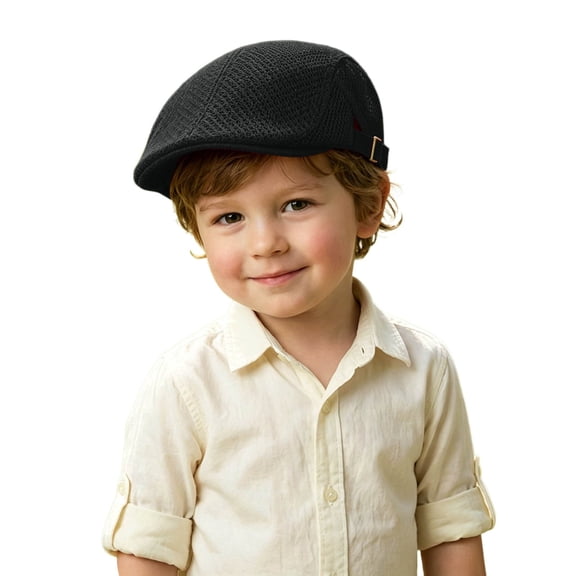 KANG Fashion Kids' Breathable Mesh Newsboy Cap, Adjustable Lightweight Beret Hat for Boys & Girls, Summer Sun Protection Cap for Vacation & Outdoor Activities Black One Size