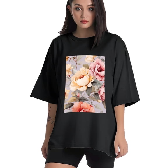 Plus Size Shirt for Women Black Tops for Women Short Sleeves Shirt for Women Flower T Shirt Crewneck Shirt for Women XS