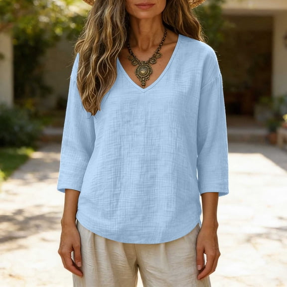 Oiangi Womens 3/4 Sleeve Blouses V Neck Textured Gauze Shirts Casual Summer Plain Tops Light Blue L
