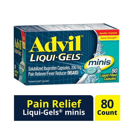 (2 pack) (2 pack) Advil Liqui-Gels minis (80 Count) Pain Reliever / Fever Reducer Liquid Filled Capsule, 200mg Ibuprofen, Easy to Swallow, Temporary Pain Relief