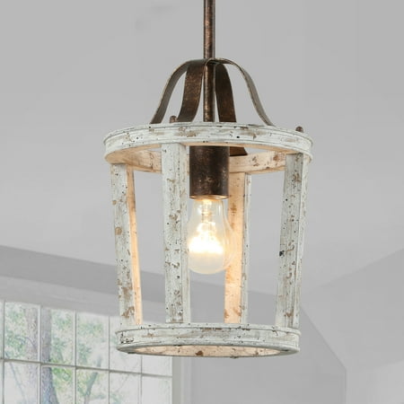 

TOMIYA 1-Light Wood & Metal Pendant Light Farmhouse Light Fixture Distressed White LanternWooden Chandelier for Dining Room